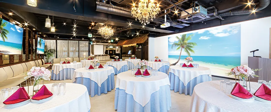 大きなスクリーンやモニター完備で映像もお流し可能